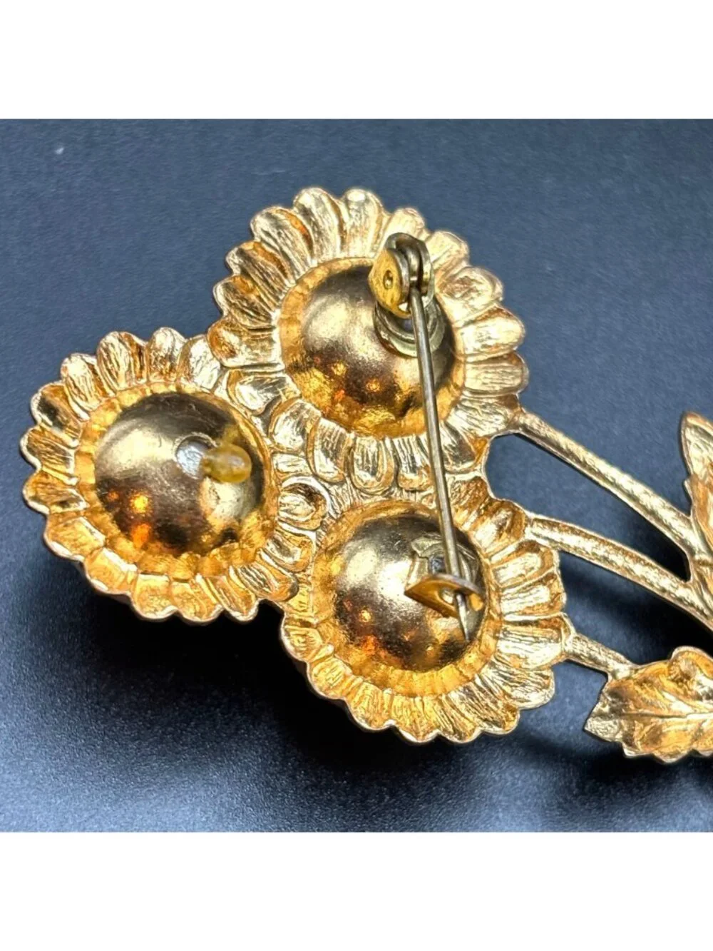 Vintage MCM Gold Faux Pearl Sunflower Brooch Pin Cottagecore Flower Bouquet